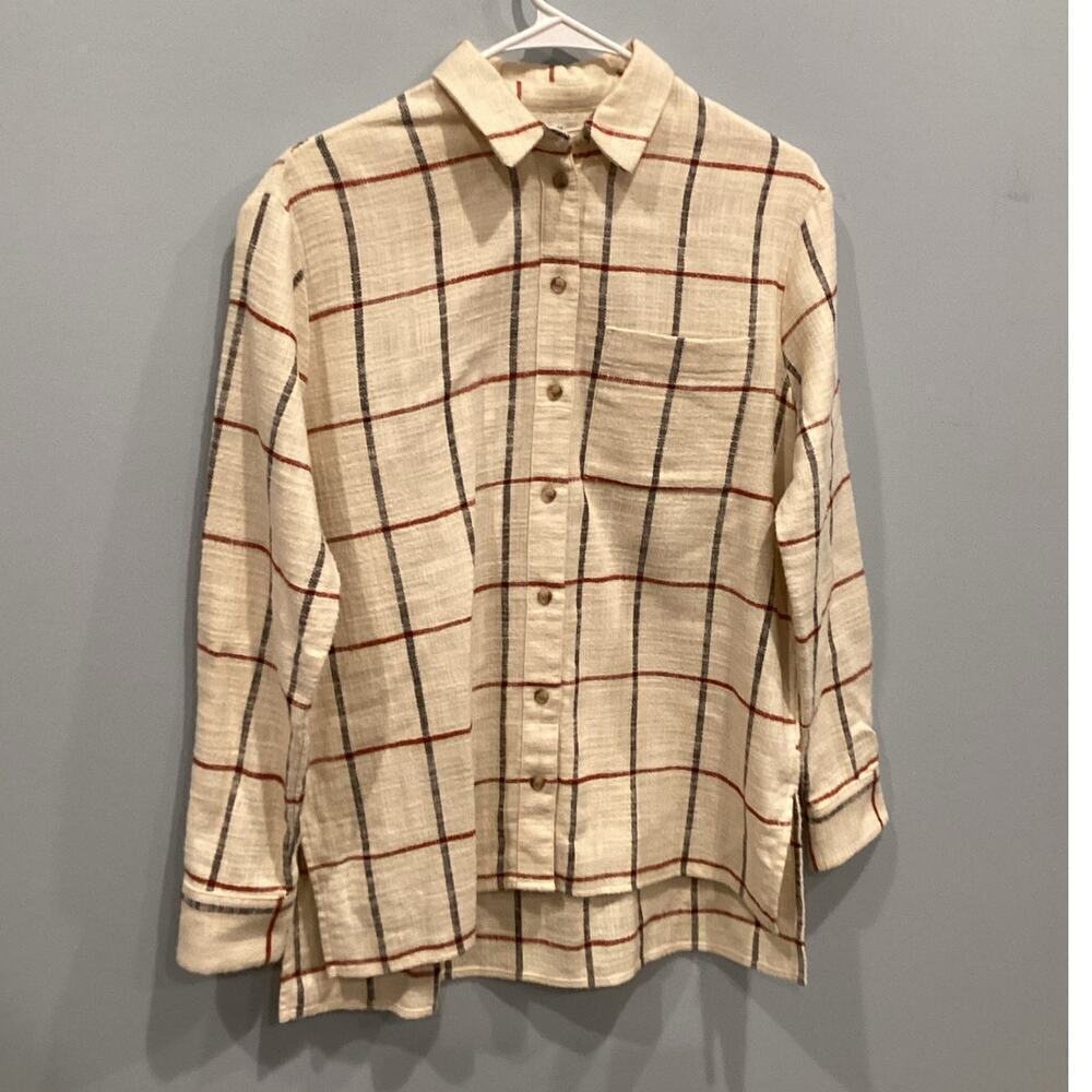 Madewell Womens Flannel Shirt Size XS Beige Windowpane Plaid Preppy Fall Casual‎